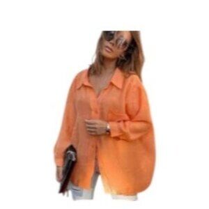 Magaschoni Linen Oversized Button Down Blouse Orange Size L Beach Lagenlook Boho